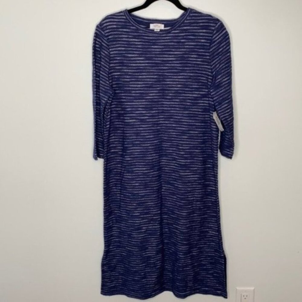 Lord & Taylor Women Blue Striped 3/4 Sleeve Midi Sweater Dress Size Large NWT